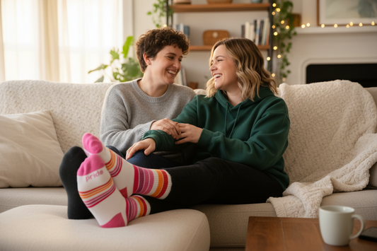 Two people sitting on a couch in a cozy living room, one wearing colorful striped socks.