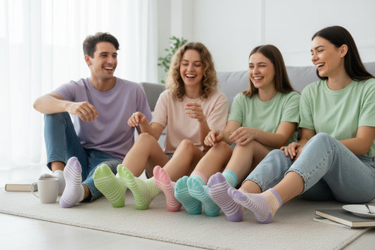 Set of colorful striped socks arranged in a row on a light background