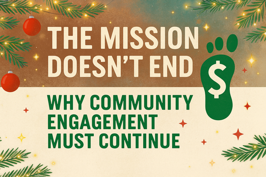 Festive holiday graphic with pine branches and red ornaments. Text reads "THE MISSION DOESN'T END" alongside a green footprint logo.