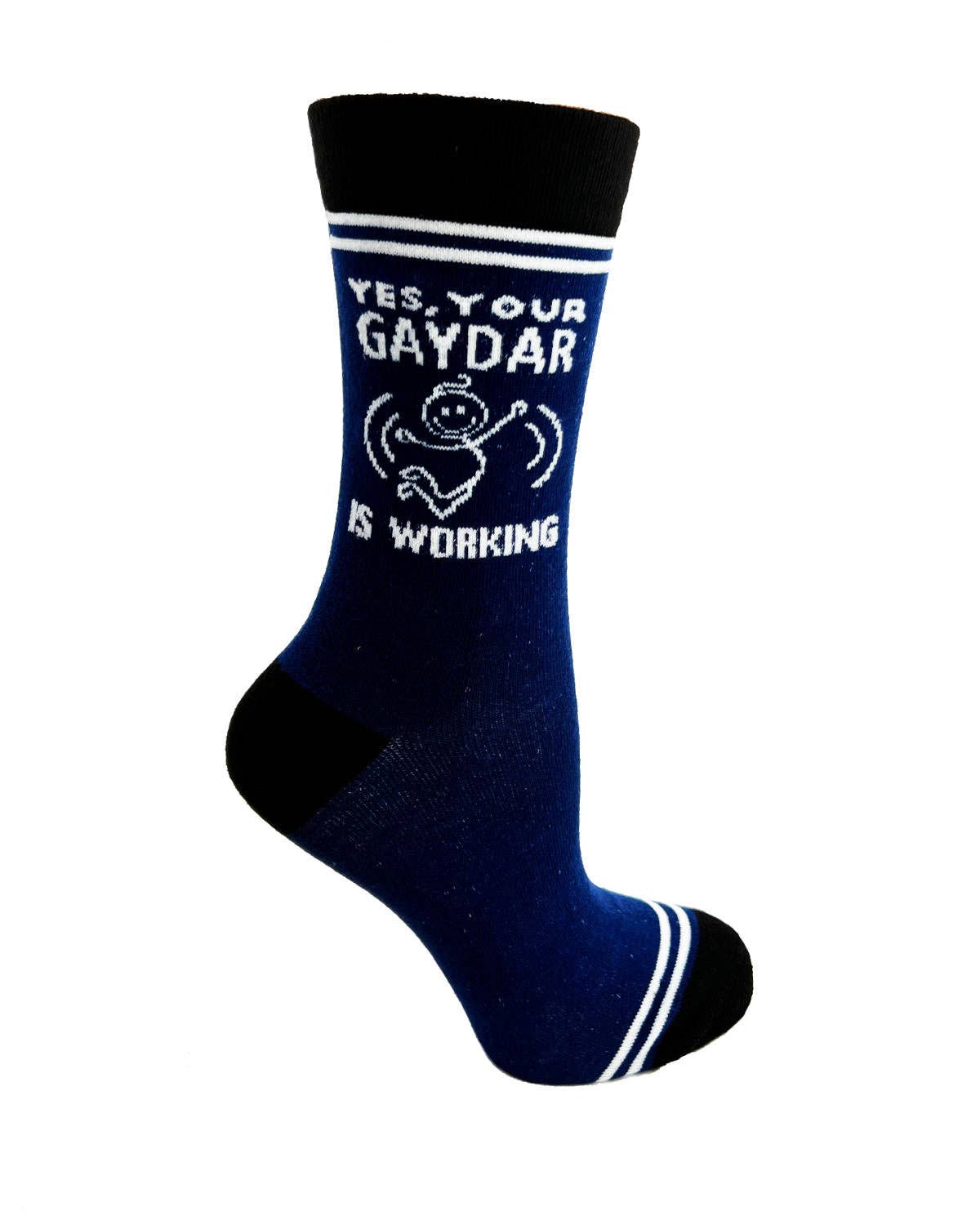 Navy blue sock with white text and design on a white background