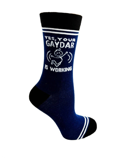 Navy blue sock with white text and design on a white background