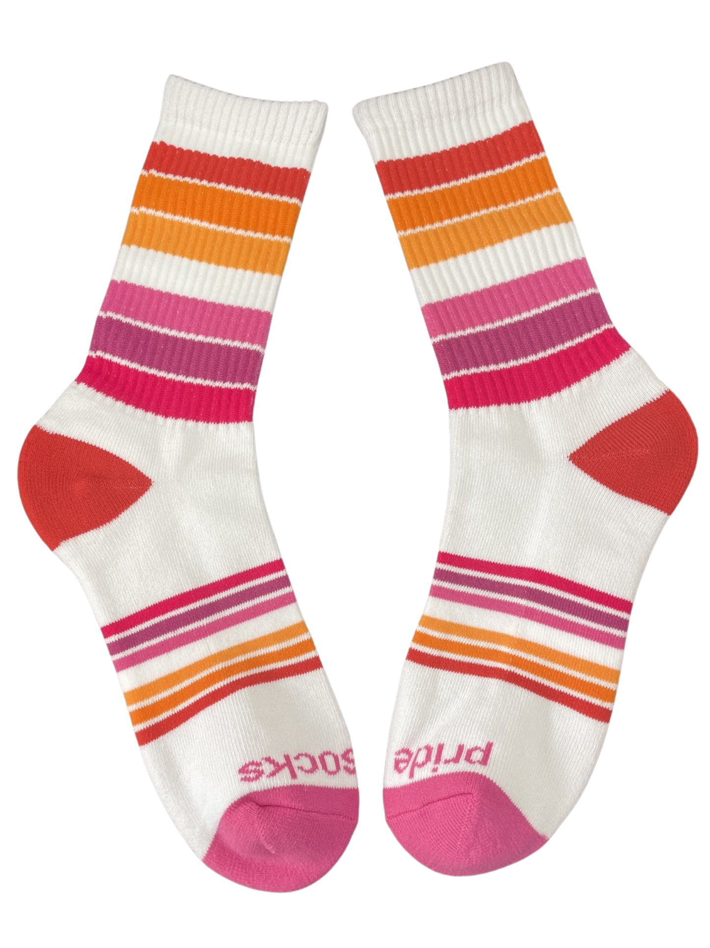Pair of colorful striped socks with 'Pride' text on a white background
