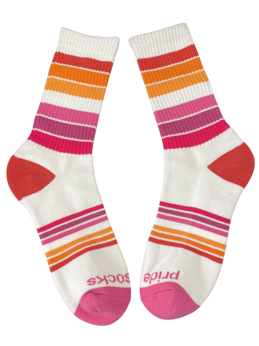Pair of colorful striped socks with 'Pride' text on a white background
