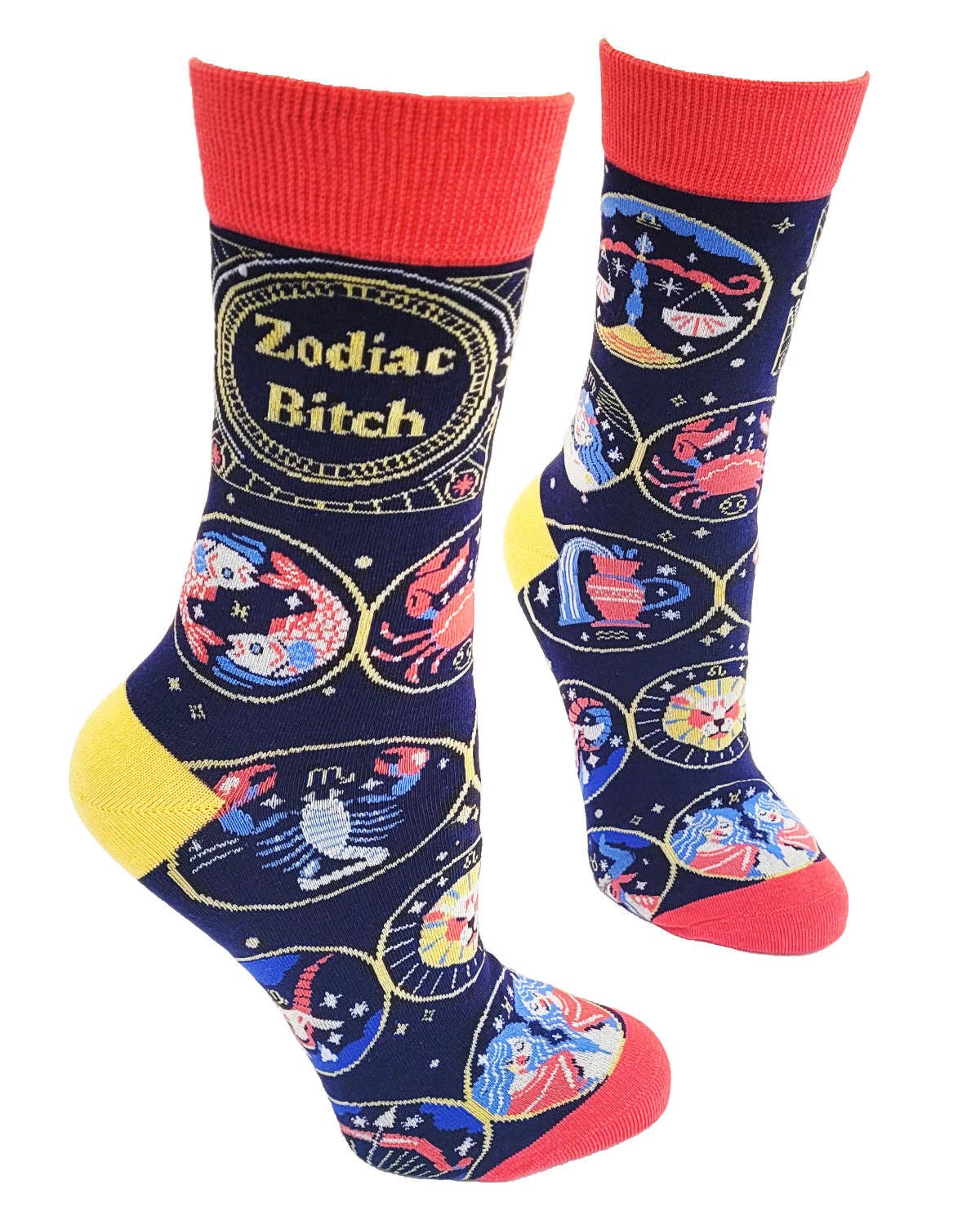 Colorful zodiac-themed socks with red cuffs and yellow toes on a white background