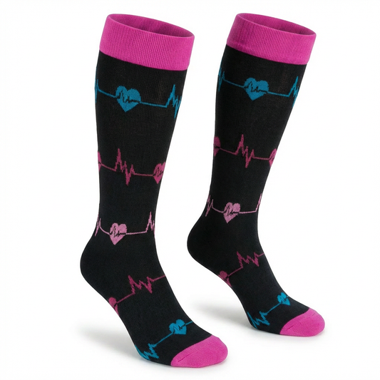 Heartbeat EKG Knee-High Compression Socks (Black/Pink/Blue)