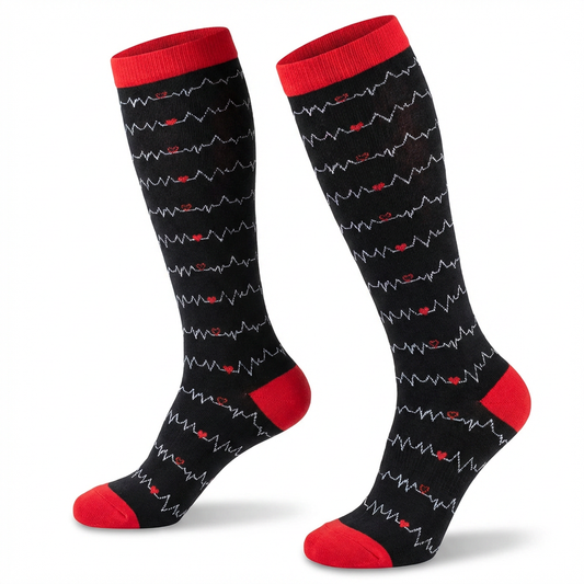 Heartbeat EKG Knee-High Compression Socks (Black/Red)