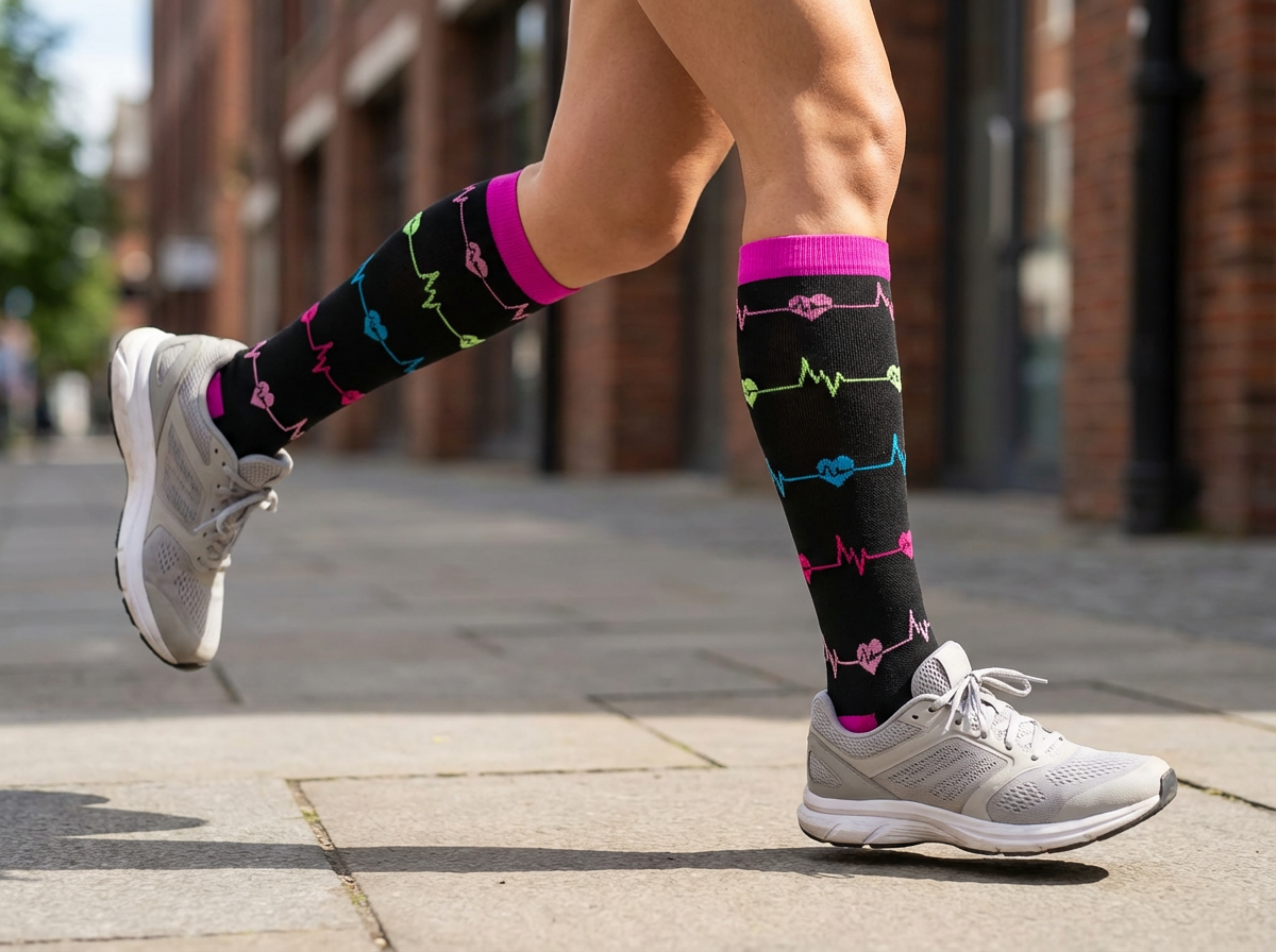 Heartbeat EKG Knee-High Compression Socks (Black/Pink/Blue)