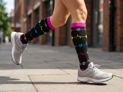 Heartbeat EKG Knee-High Compression Socks (Black/Pink/Blue)