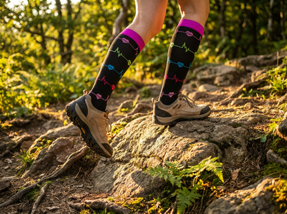 Heartbeat EKG Knee-High Compression Socks (Black/Pink/Blue)
