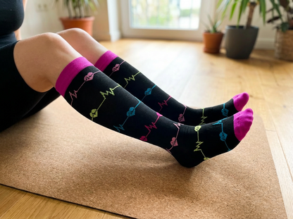 Heartbeat EKG Knee-High Compression Socks (Black/Pink/Blue)