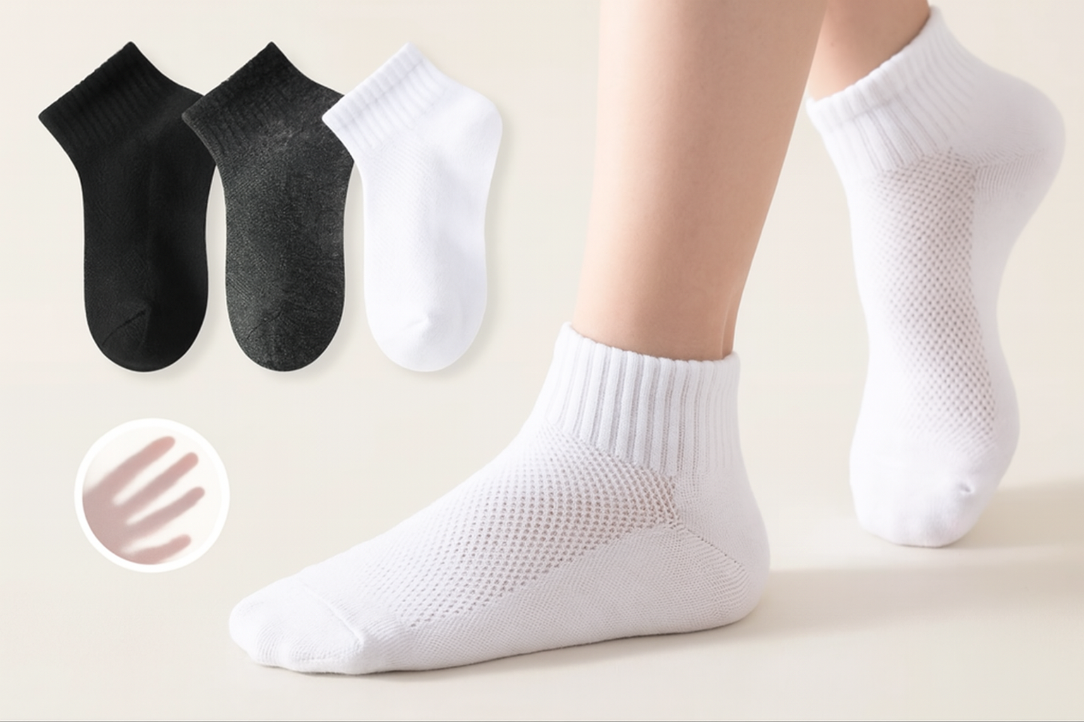 White ankle socks with black and gray socks in the background on a light beige surface.