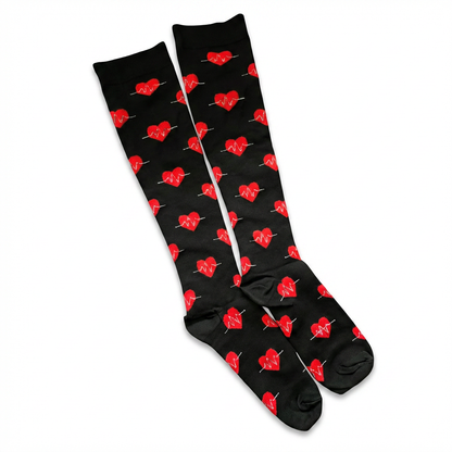 Heartbeats & Hearts Knee-High Compression Socks (Black/Red)