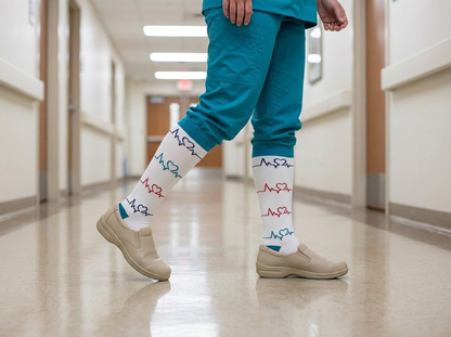 Pulse Comfort Knee-High Compression Socks (White/Teal) – 20–30 mmHg