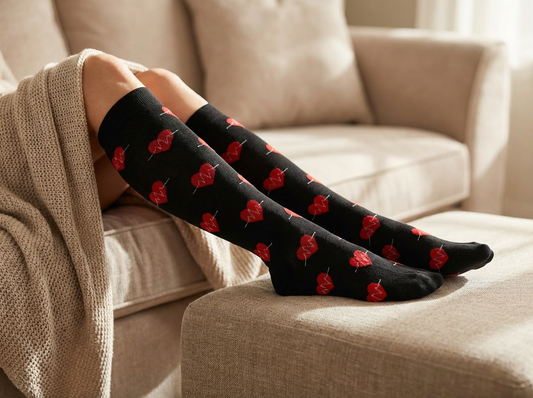 Heartbeats & Hearts Knee-High Compression Socks (Black/Red)