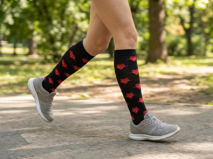 Heartbeats & Hearts Knee-High Compression Socks (Black/Red)