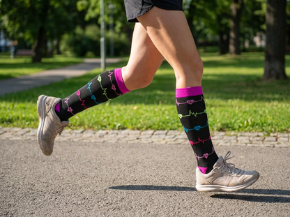 Heartbeat EKG Knee-High Compression Socks (Black/Pink/Blue)