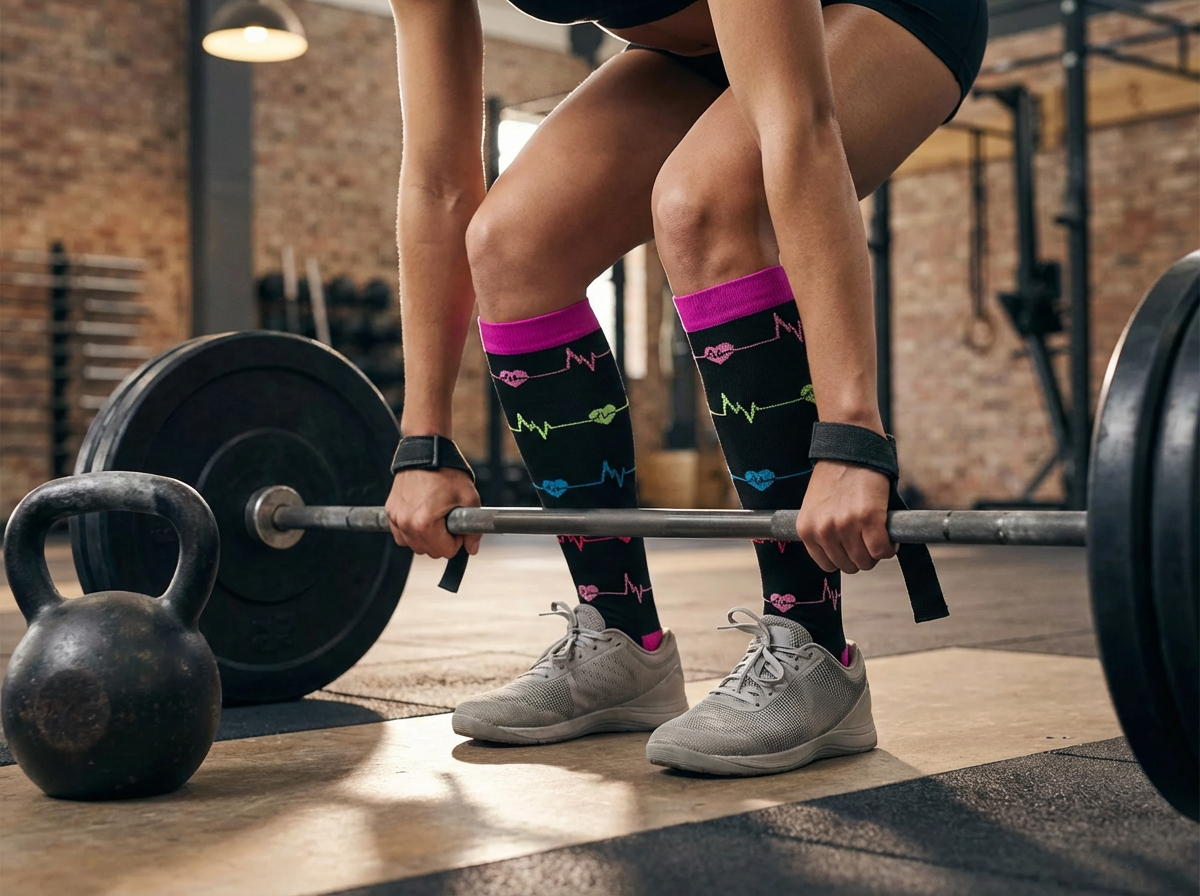 Heartbeat EKG Knee-High Compression Socks (Black/Pink/Blue)