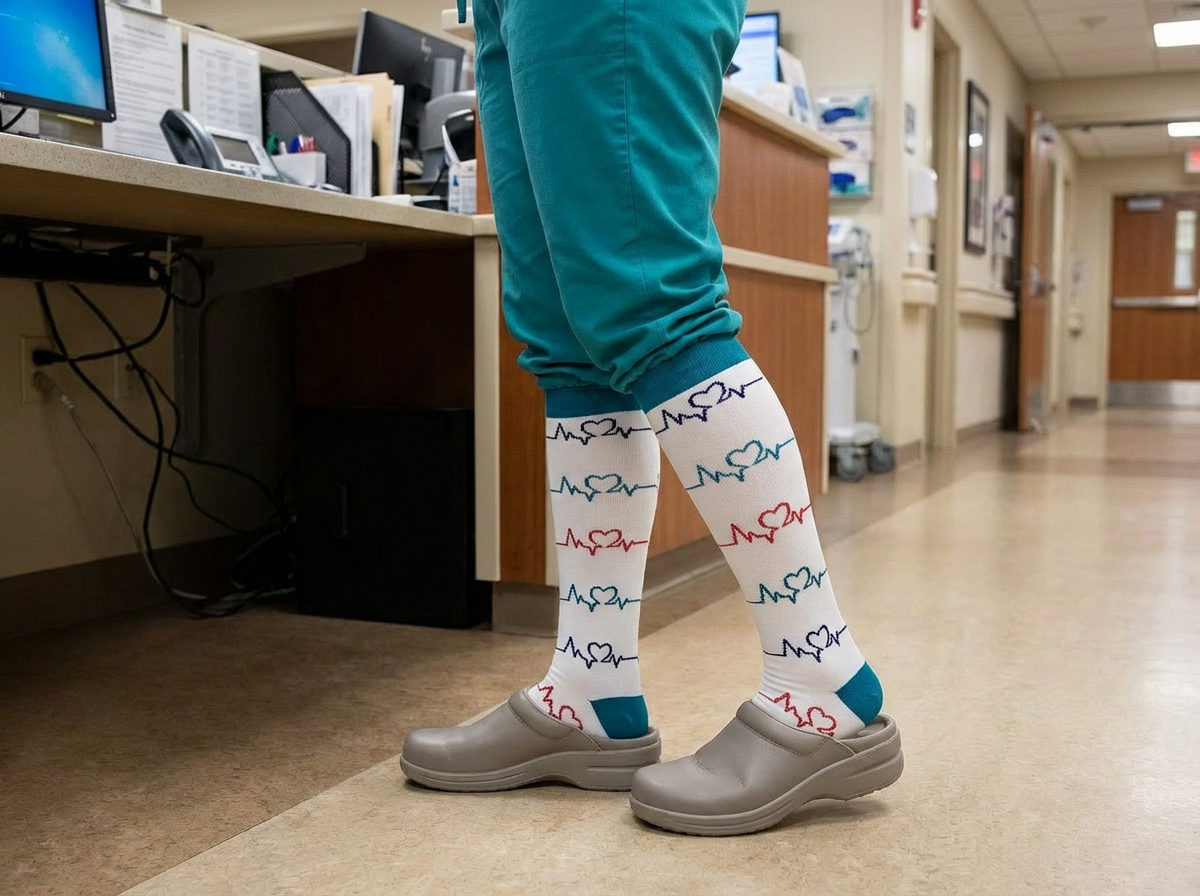 Pulse Comfort Knee-High Compression Socks (White/Teal) – 20–30 mmHg