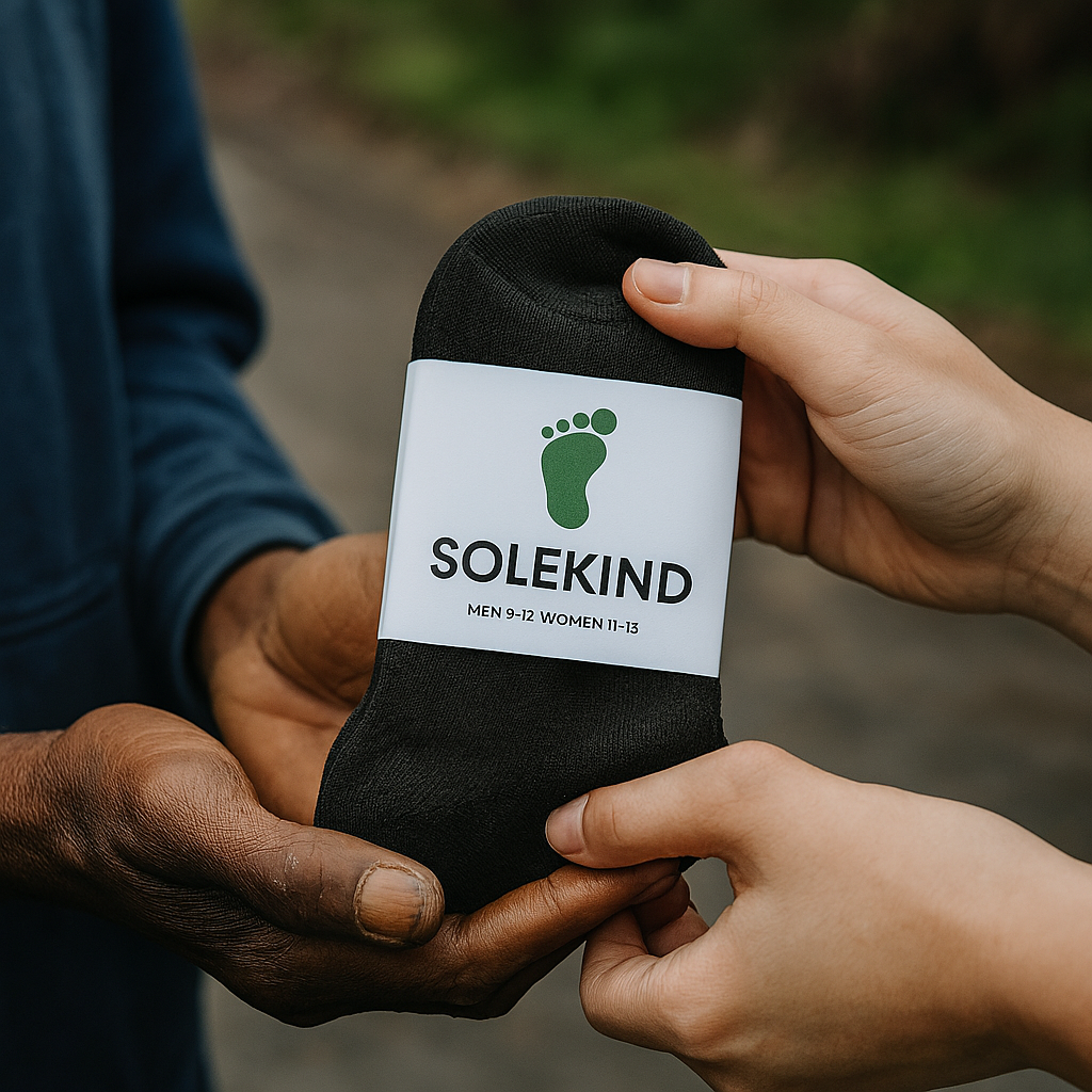 A pair of new socks being gently handed from one person to another, representing a donation.