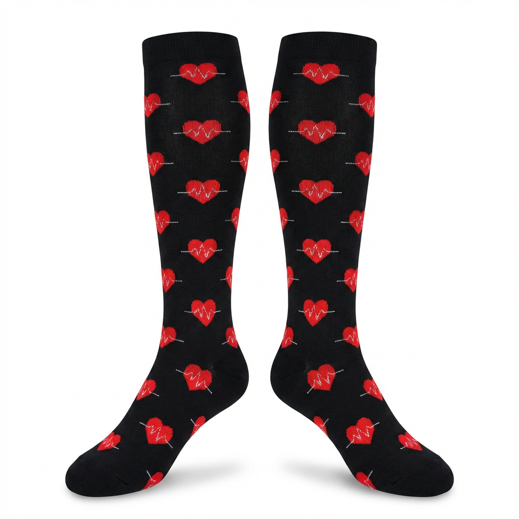Heartbeats & Hearts Knee-High Compression Socks (Black/Red)