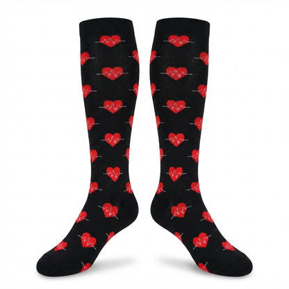 Heartbeats & Hearts Knee-High Compression Socks (Black/Red)