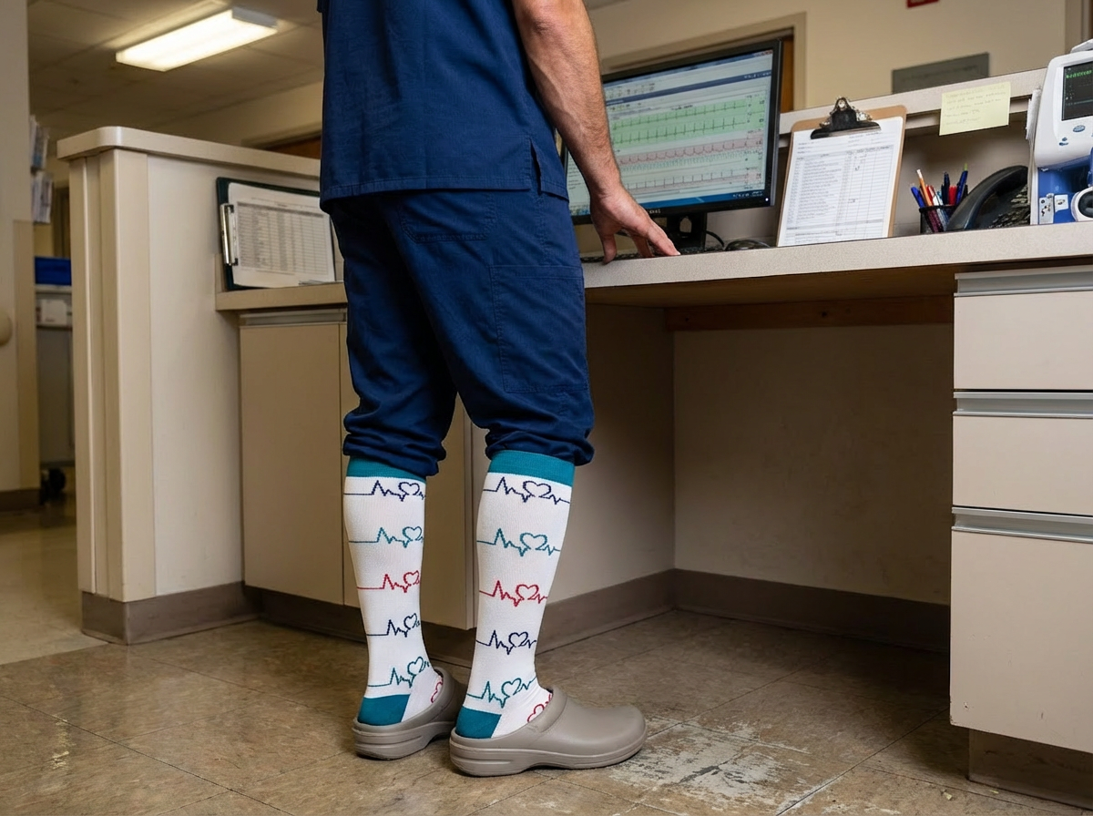 Pulse Comfort Knee-High Compression Socks (White/Teal) – 20–30 mmHg