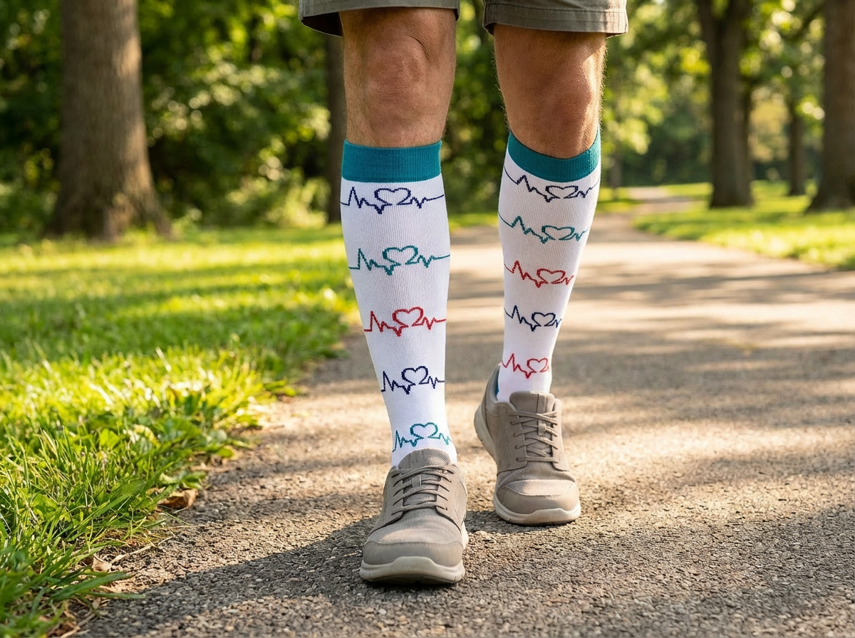 Pulse Comfort Knee-High Compression Socks (White/Teal) – 20–30 mmHg
