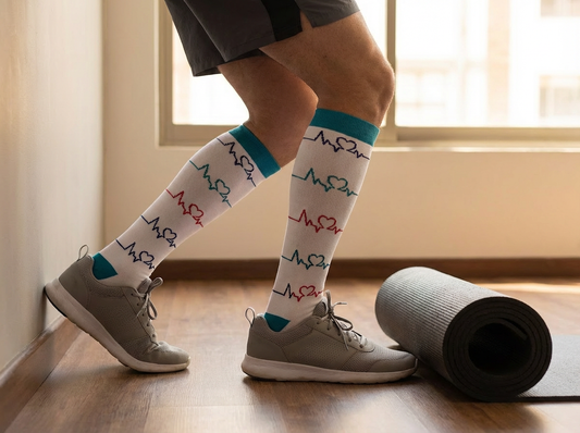 Pulse Comfort Knee-High Compression Socks (White/Teal) – 20–30 mmHg