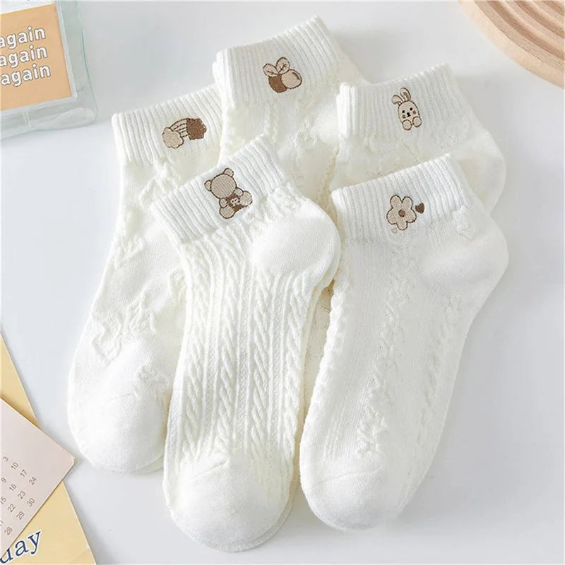5 Pairs Women Cute Bear Rabbit Rainbow Print Low Tube Ankle Socks