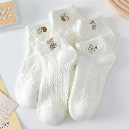 5 Pairs Women Cute Bear Rabbit Rainbow Print Low Tube Ankle Socks