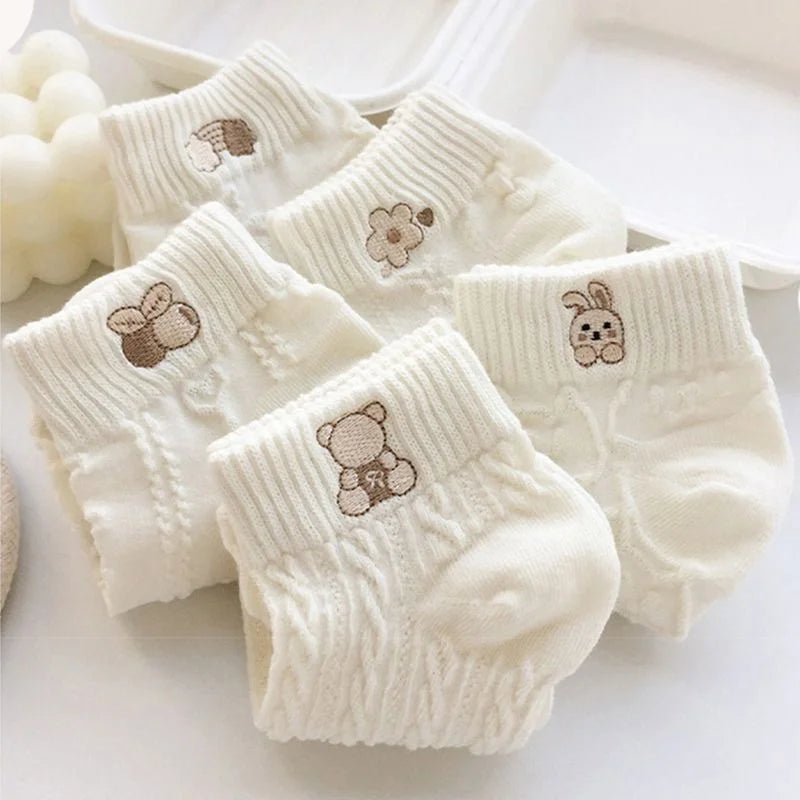 5 Pairs Women Cute Bear Rabbit Rainbow Print Low Tube Ankle Socks