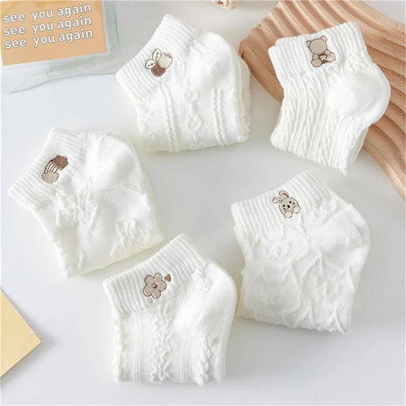 5 Pairs Women Cute Bear Rabbit Rainbow Print Low Tube Ankle Socks