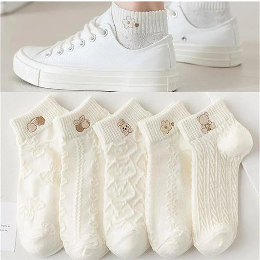 5 Pairs Women Cute Bear Rabbit Rainbow Print Low Tube Ankle Socks