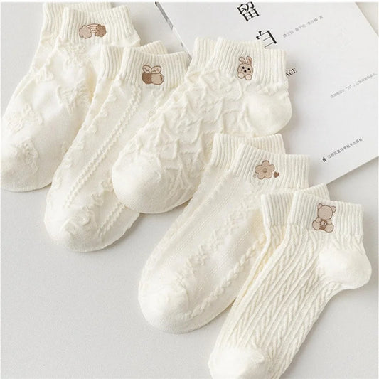 5 Pairs Women Cute Bear Rabbit Rainbow Print Low Tube Ankle Socks