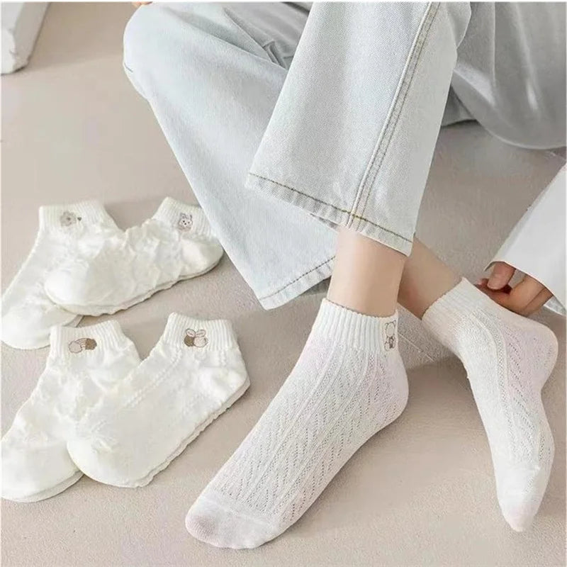 5 Pairs Women Cute Bear Rabbit Rainbow Print Low Tube Ankle Socks