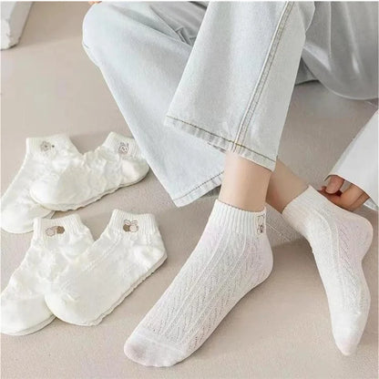 5 Pairs Women Cute Bear Rabbit Rainbow Print Low Tube Ankle Socks