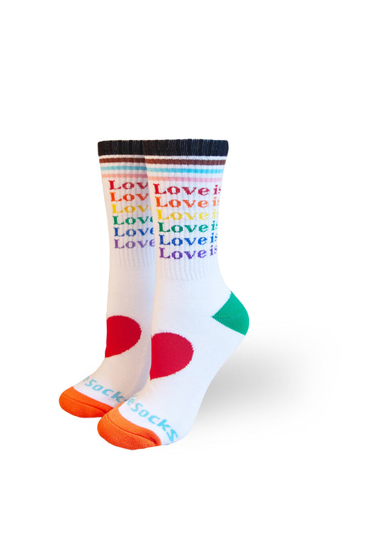 Colorful socks with 'Love is Love' text and red hearts on a white background