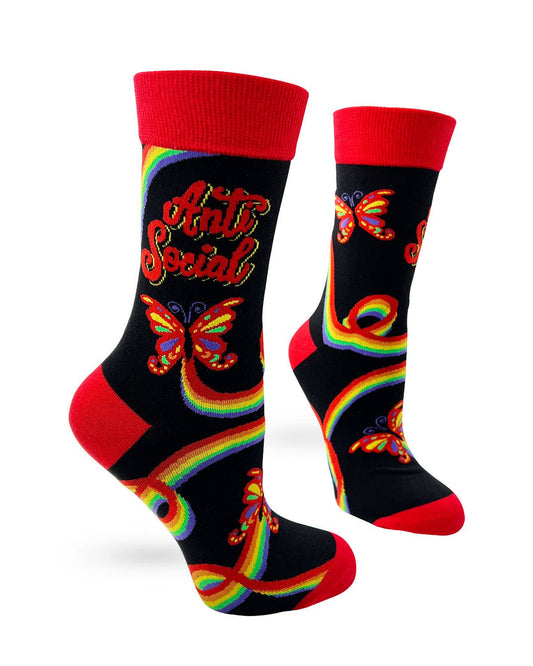 Colorful socks with butterfly designs and 'Anti Social' text on a white background