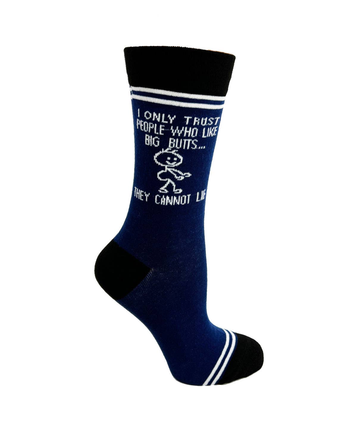 Navy blue sock with white text and a stick figure on a white background