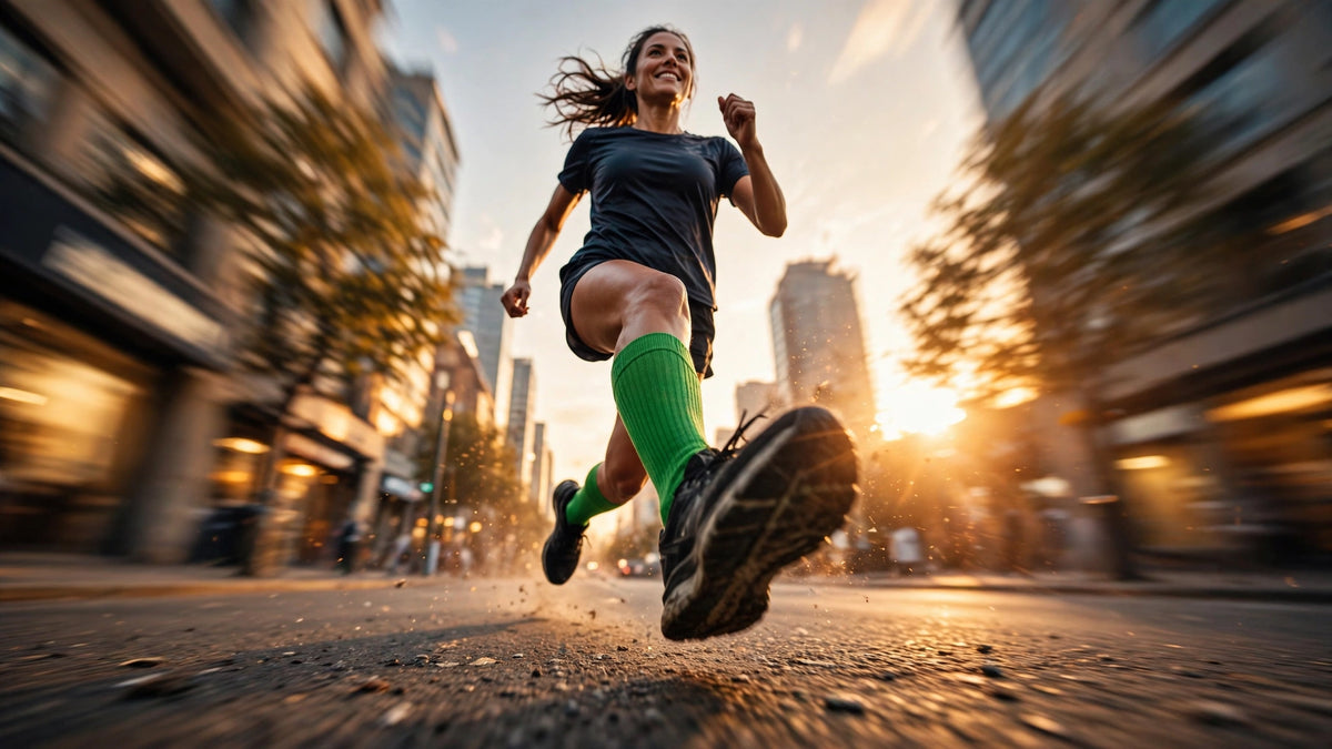 Runner mid-stride wearing bright green Dollar Sole crew socks on a city street at golden hour